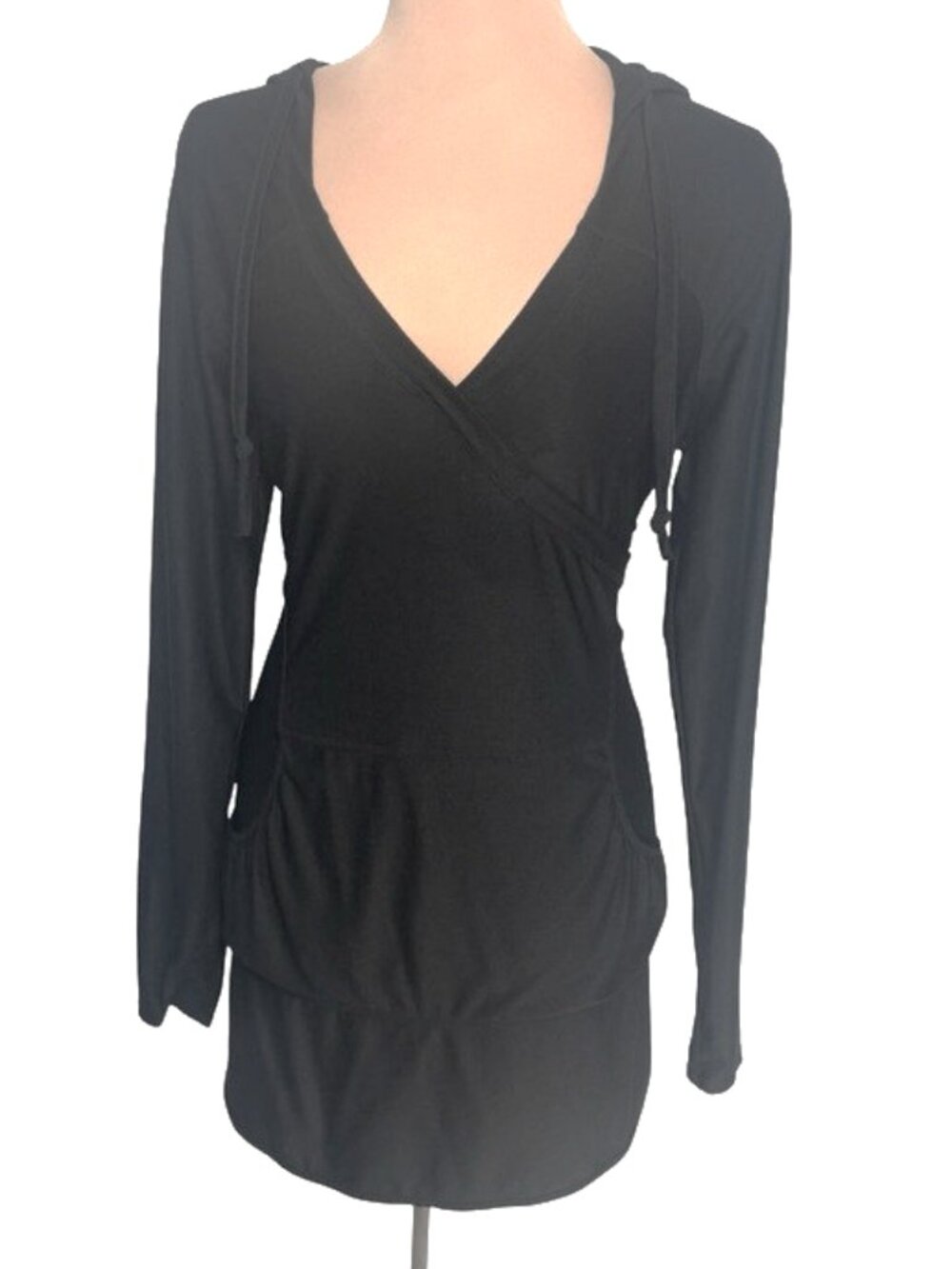 Athleta Black Wrap Hoodie Top Ruched Long Sleeve Athleisure Yoga Size M